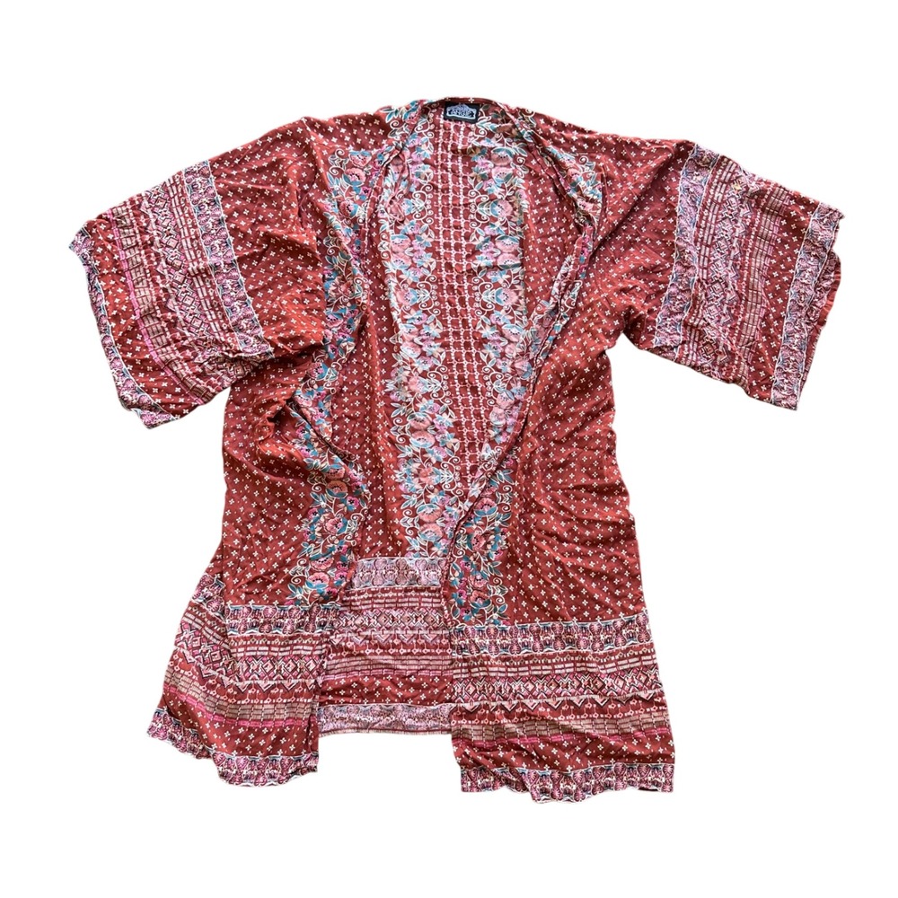 Angie Boho Rust Red Floral Geometric Open Front Kimono Cardigan One Size